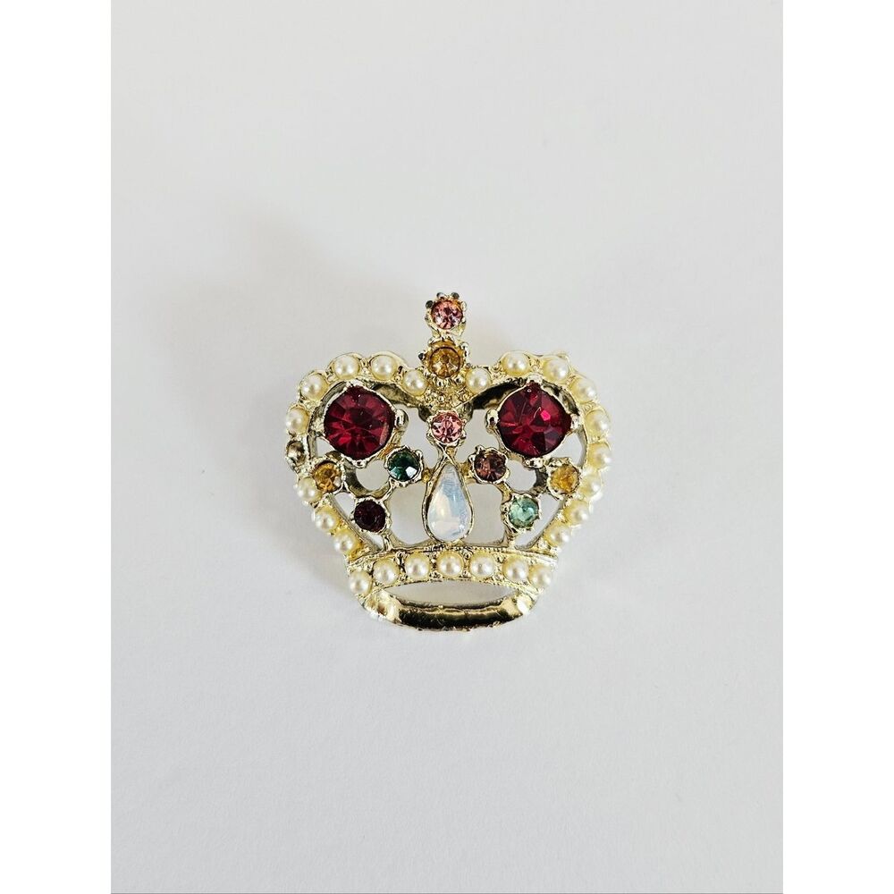 Vintage Rhinestone Victorian Royal Crown Faux Pearl Jewels Gold Tone Brooch Pin